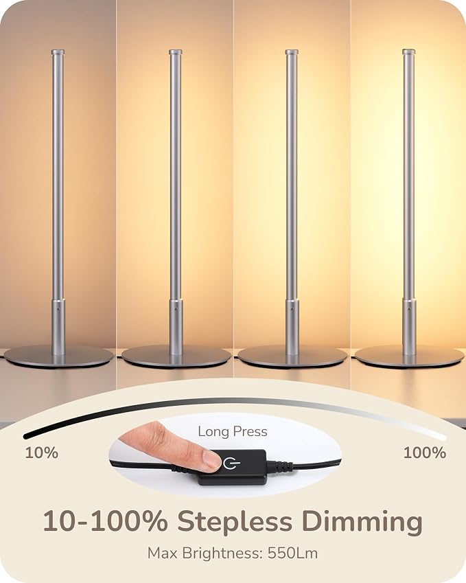 EDISHINE LED Table Lamp, Modern Desk Lamps for Living Room, Silver | 3 Color Temperature, Stepless Dimmable, 6W, Metal Finish, Slim Style for Bedroom, Living Room, Corner