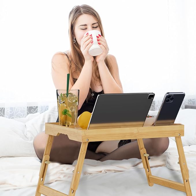 Artmeer Adjustable Bamboo Bed Tray Table with Device Slot, Large, Bamboo | Adjustable FSC-certified bamboo bed tray with device slot, folding legs and handles for meals, laptops and reading in bed.