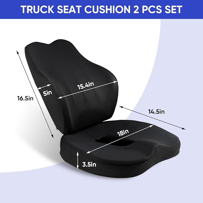 MINUPWELL Truck Seat Cushion, 2PC Non-Integrated 100% Memory Foam Seat Cushion for car with Lumbar Support Pillow, Semi Truck car Accessories, Car Cushion for Long Driving, Office Chair, Tailbone