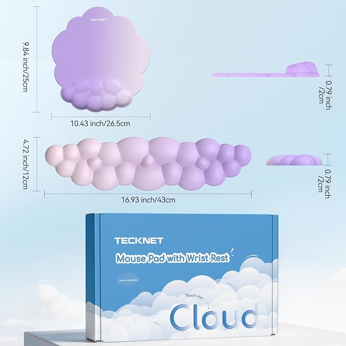 TECKNET Cloud Wrist Rest & Ergonomic Mouse Pad, Cloud Keyboard Wrist Rest with Non-Slip Base, PU Leather Memory Foam Wrist Pad for Keyboard and Mouse, Pain Relief for Typing, Gaming, Purple