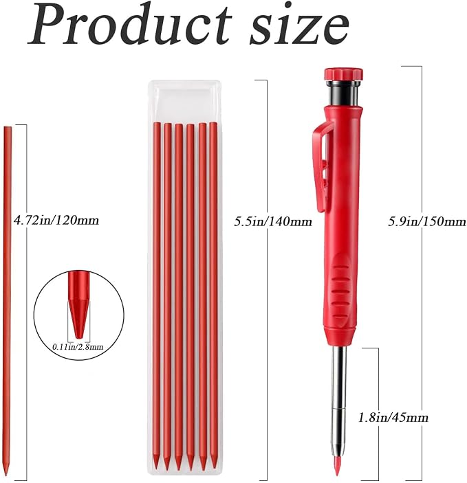 TuTuYa 36Pcs 2.8mm Pencil Refill Red, with 1 Carpenter Pencil w/Sharpener | Waterproof Lead Refills Replacement, Long Reach/Deep Hole/Long Nose for Architect &Carpenter Woodwork Construction Building