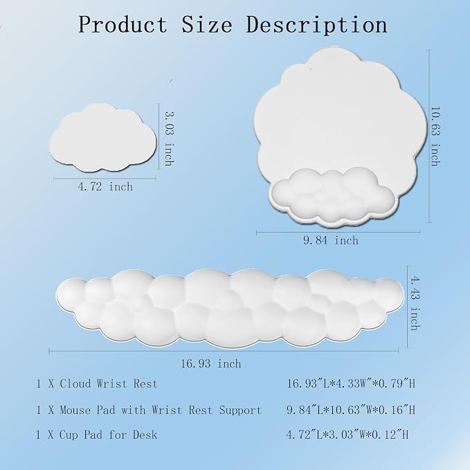 Cloud Wrist Rest Keyboard Cute Cloud Mouse Pad with Wrist Rest for Keyboard and Mouse Leather Cloud Wrist Pad Non-Slip Wrist Support for Computer Gaming Home Office Desk Decor Relief Pain White