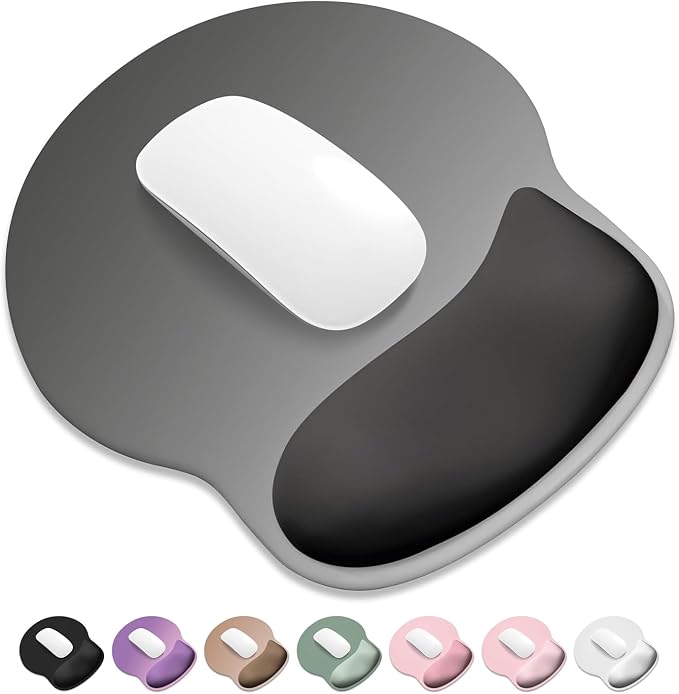 ITNRSIIET Ergonomic Mouse Pad with Wider Memory Foam Wrist Rest +17% - Curved Cushion Reduces Pressure 20%, Pain Relief, Non-Slip, Smooth, Cute Colors, 9.85 x 9 in, Gray Gradient