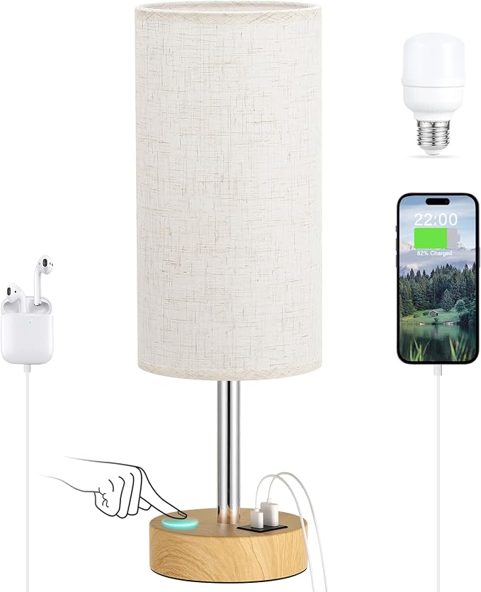 Dicoool Bedside Table Lamp for Bedroom - 3-Way Dimmable Touch Lamp, USB A+C | LED Bulb Included, 14" Small Nightstand Lamp for Desk, Living Room, Guest Room, Cream Fabric Lampshade, Wood-Grain Metal Base