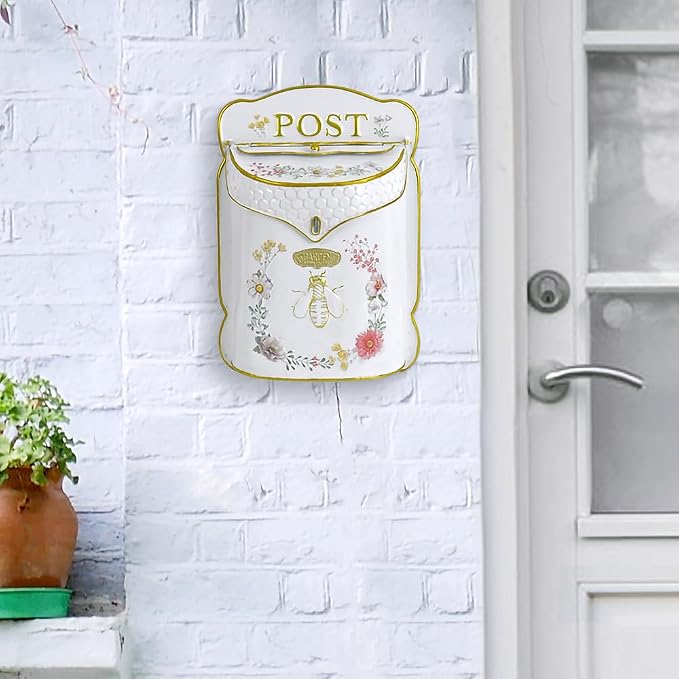 Wall Mount Mailbox for Outside Vintage Mail Boxes for House Outside Metal Door Mailbox Drop Box Antique Style Nostalgic Charm Home Decorative, Bee Pattern, White