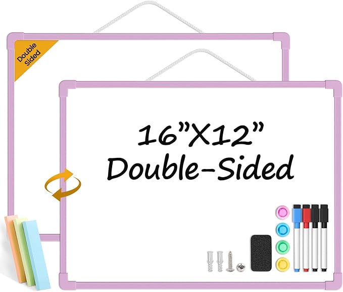 Purple Frame Small Dry Erase Board for Wall, 16" x 12" Double-Sided Hanging Whiteboard with 4 Markers, 4 Magnets and 3 Mini Sticky Notes, Portable Whiteboard for Kids, School, Home, Office