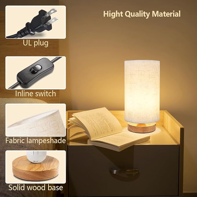 Small Bedside Table Lamp for Bedroom, Minimalist Wood Base & Round Fabric Shade, Mini Cute Cozy Warm White Nightstand Boho Lamp, Study Desk Night Stand Light for Room, Dorm, Nursery, Living Room
