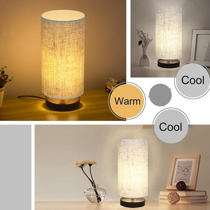 lifeholder Table Lamp, Bedside Nightstand Lamp, Simple Desk Lamp, Fabric Wooden Table Lamp for Bedroom Living Room Office Study, Cylinder Black Base
