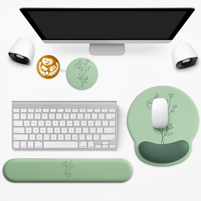 3 in 1 Ergonomic Mouse Pad and Keyboard Wrist Rest with Coaster Set-Green | Cute Large Mousepad with Gel Wrist Support for Gaming Computer Laptop Women Office Home Desk Decor