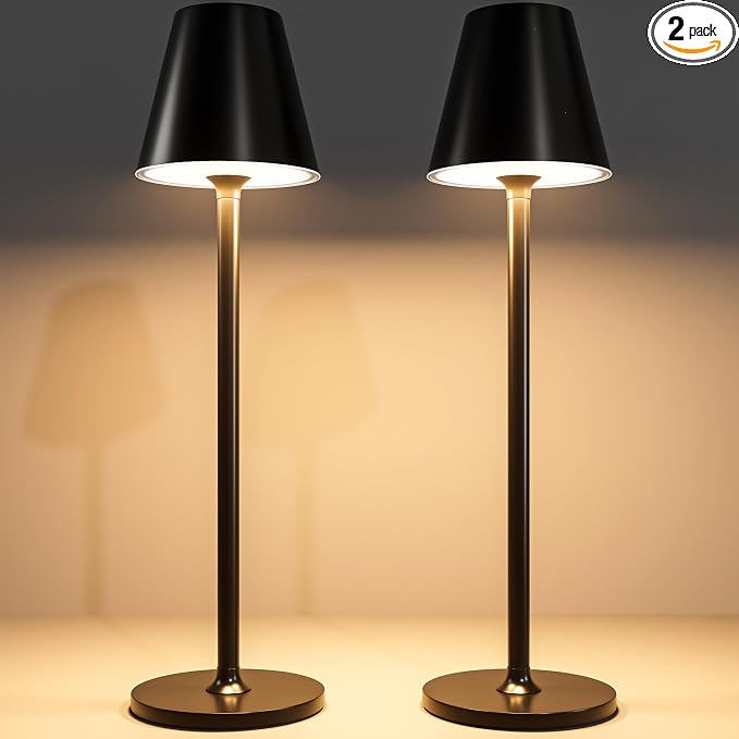 Timjorman 2-Pack Cordless Table Lamps - 5000mAh Rechargeable Battery Operated Desk Lamp, 3-Level Dimmable LED Night Light for Bedroom, Dining, Restaurant - Metal Design (Black 2-Pack)