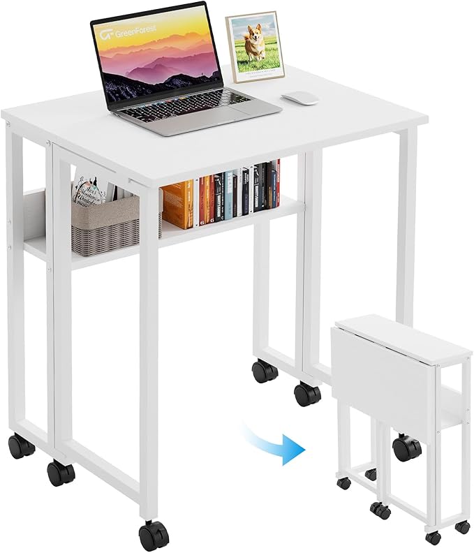 GreenForest Folding Desk with Wheels, 24.8" Rolling Table for Small Spaces | Storage Shelf, Lockable Casters, Compact Portable Workstation, Space-Saving Foldable Sofa Table, Home Office, Mobile, White