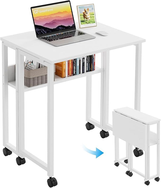 GreenForest Folding Desk with Wheels, 24.8" Rolling Table for Small Spaces | Storage Shelf, Lockable Casters, Compact Portable Workstation, Space-Saving Foldable Sofa Table, Home Office, Mobile, White