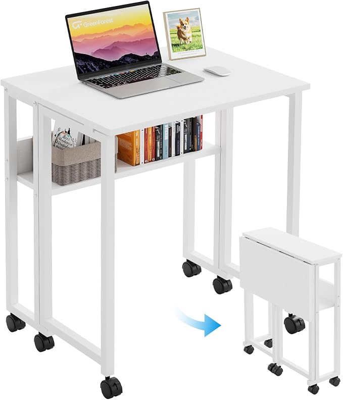 GreenForest Folding Desk with Wheels, 31.5" Rolling Table for Small Spaces | Storage Shelf, Lockable Casters, Compact Portable Workstation, Space-Saving Foldable Sofa Table, Home Office, Mobile, White