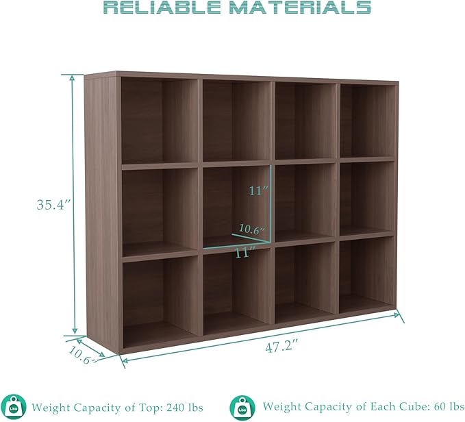 OSCHF 12-Cube Storage Shelf Bookcase - Wooden 3-Tier Floor Standing Open Bookshelf for Home and Office, Cuby Orgainzer, Walnut