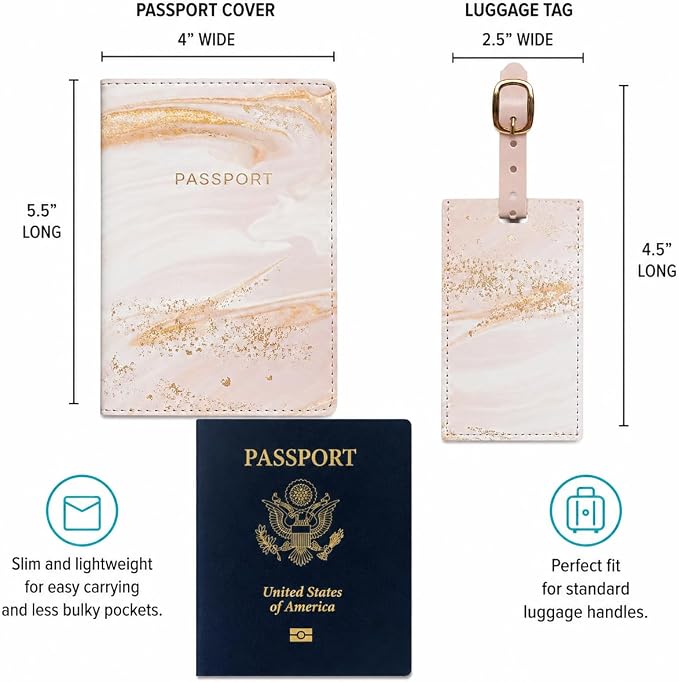 WORD TRAVELER Passport Cover Holder And Luggage Tag Set In Gift Box | Faux Material, Adjustable Buckle Strap, Privacy ID Window, Slim Lightweight Build for Easy Carry