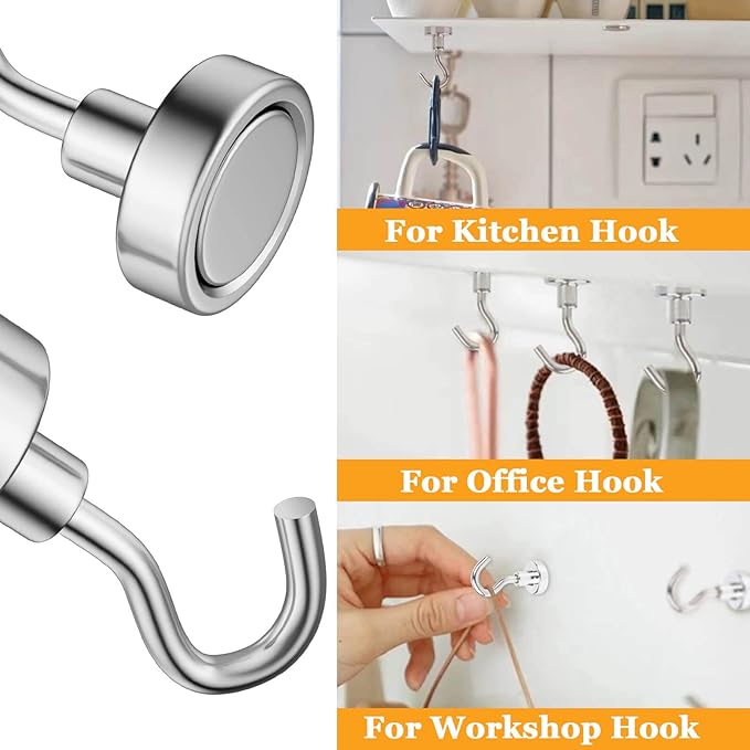 MIN CI Magnetic Hooks Heavy Duty, 35lb+ Strong Magnetic Wall Hooks for Hanging, Neodymium Metal Magnets with Hooks Large Magnetic Hooks, for Classroom Cruise Fridge Kitchen, Pack of 12