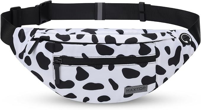 MAXTOP Large Cow Print Crossbody Bags for Women Cute Fanny Pack Belt Bag | 4-Zipper Pockets,Gift for Enjoy Music Concert Hiking Running Cycling Traveling Hands-Free Waist Pack Fits All Phones