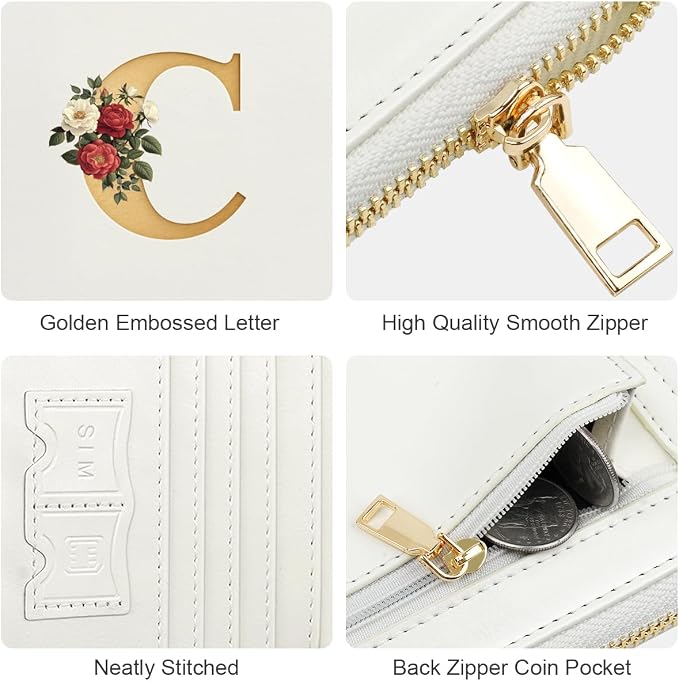 Passport Holder for Travel Personalized Wallet with Wristlet Women | All-in-One Passport Cover, RFID Blocking, Back Coin Pocket, Paper Money Slot, Zipper Closure, Roses Initial Letter, White C