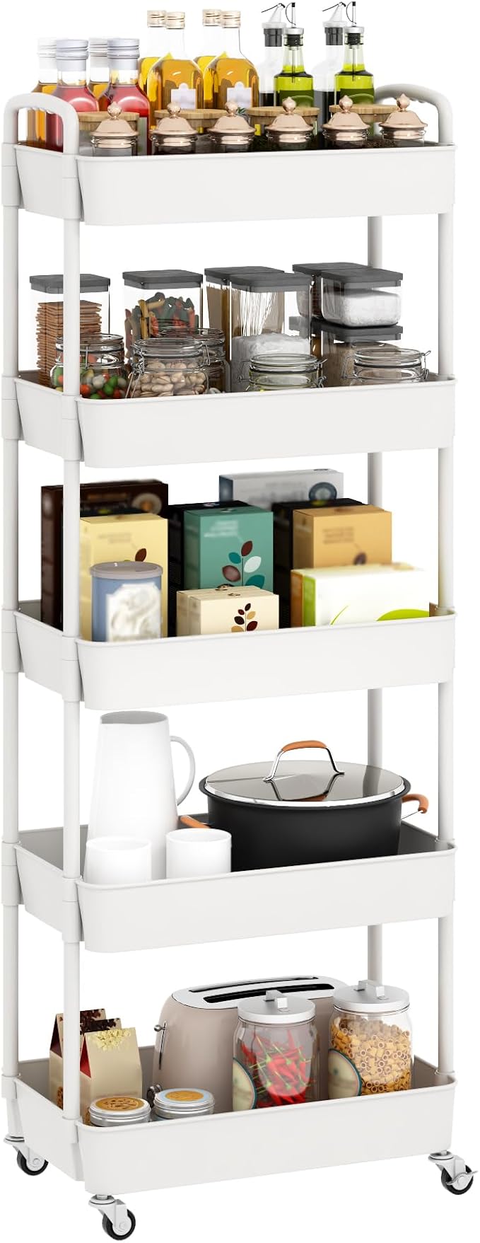Sywhitta 5-Tier Plastic Rolling Utility Cart with Wheels for Storage,White | Multi-Functional Storage Trolley, for Office, Living Room, Kitchen, Bathroom,Movable Organizer,Space-Saving,Easy to assemble