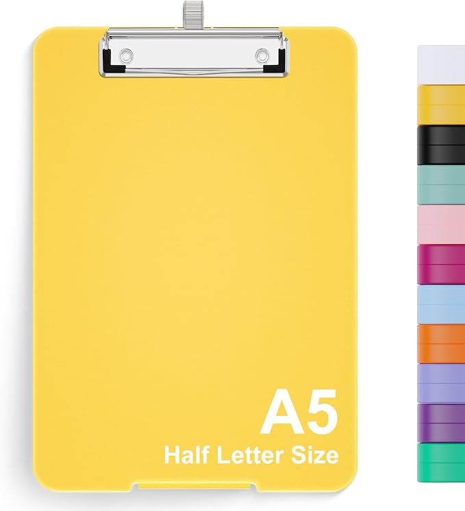 Hongri A5 Clipboard with Storage, Metal Retractable Pen Holder, Yellow | 6 x 9'' Nursing Plastic Foldable Clip Board, Size 9.4 x 6.1 x 0.9 in, Menu Box for Work, Office & School Supplies