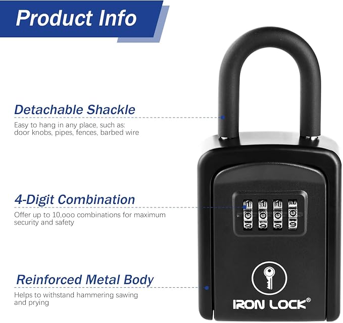 Iron Lock® Small Portable Key Lock Box with Code, U-Shackle (Small, Black) | U-shackle opens fully out to loop over a handle, gate, latch or rail; rolling combination dials, no app, no battery