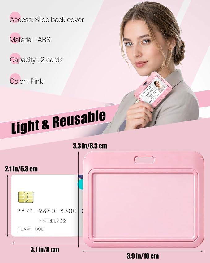 Uniclife 3 Pack Sliding ID Badge Holder Pink Horizontal Hard Plastic Case with Clear Window Card Protector Pouch for Office School ID Credit Cards Proximity Key Cards Driver’s Licenses and Passes