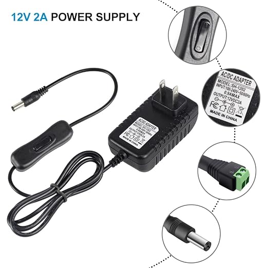 12V Power Supply, 12 Volt 2A 24W DC Power Supply with On Off Switch, Black Switching LED Power Adapter, AC 110V to 12V Transformer Plug for LED Strip Lights with 5.5/2.1 DC Female Connector, 3 Pack