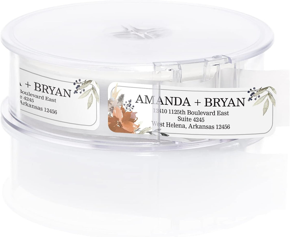 Indie Floral Rolled Address Labels/Roll of 500 Personalized Return Address Labels/Designer Return Address Stickers in Elegant Plastic Dispenser