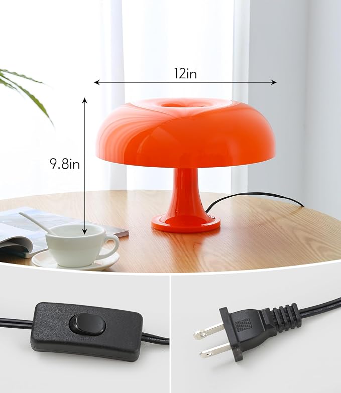 Orange Mushroom Lamp, Mid Century Modern Table Lamp for Bedroom, Minimalist Mushroom Decor Bedside Small Lamps, 2700K(Bulb Included, Plug Powered)