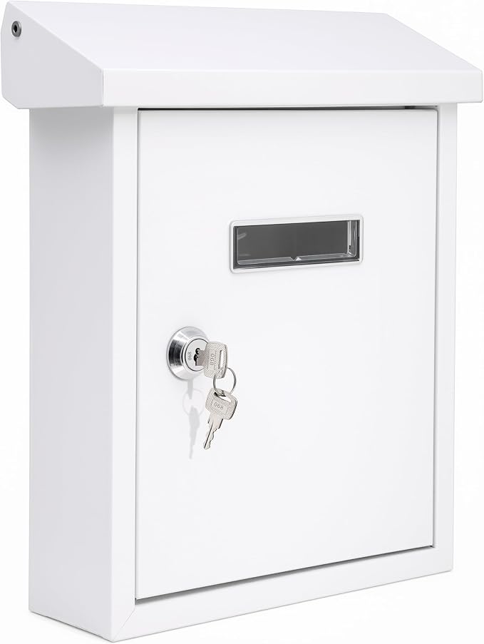 Serenelife Weatherproof Wall Mount Locking Mailbox Galvanized Steel Drop Box with Metal Flap for Mail Letters, Newspaper, Money Box, Decorative Mailboxes for Outside, Home Office, Businesses