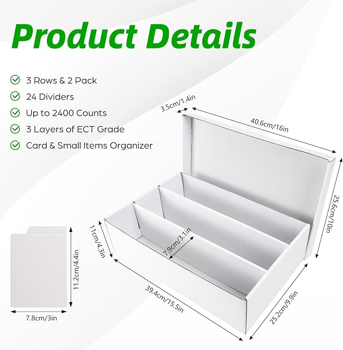 Calenzana 2400-Count Trading Cardboard Card Storage Boxes 2 Pack, 3 Row White Card Box with 24 Dividers, MTG, TCG Card Organizer