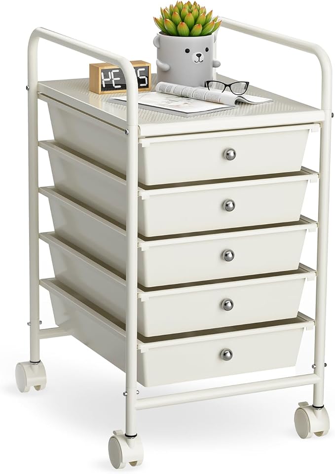 Rolling Storage Cart with Drawers 5-Tier Lock Wheels Office White | Utility Cart with 5 Drawers & 2 Lockable Caster, Multipurpose Mobile Drawer Cart for School Bathroom Kitchen