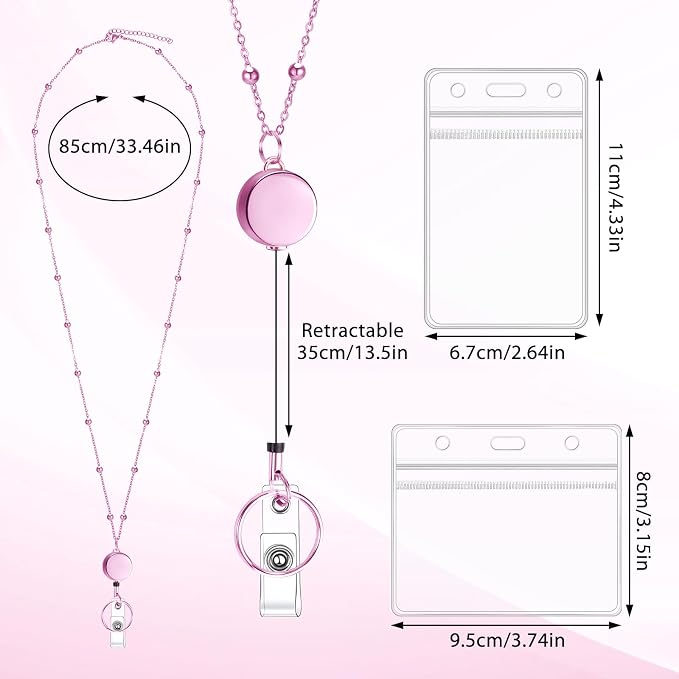 Lanyards for Id Badges Stainless Steel Badge Lanyards with 2 Pcs Waterproof Id Badge Holder Retractable Id Badge Lanyards Teacher Lanyard for Cruise Ship Key Cards Id Badges (Pink)