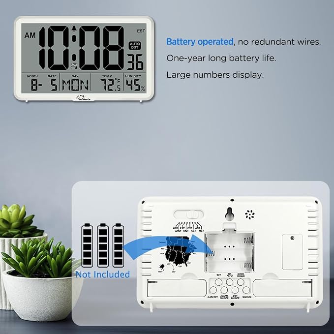 WallarGe Auto Set Digital Wall Clock Battery Operated, Desk Clocks with Temperature, Humidity and Date, Large Display Digital Calendar Alarm Clock for Elderly, Bedroom, Office, 8 Time Zone, Auto DST.