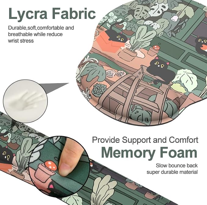 Ergonomic Mouse Pad with Wrist Rest and Keyboard Wrist Rest, Mousepad | Memory Foam Wrist Rest for Computer Keyboard, Pain Relief, Non-Slip Rubber Base, Mouse Pad with Wrist Support for Gaming, Cat
