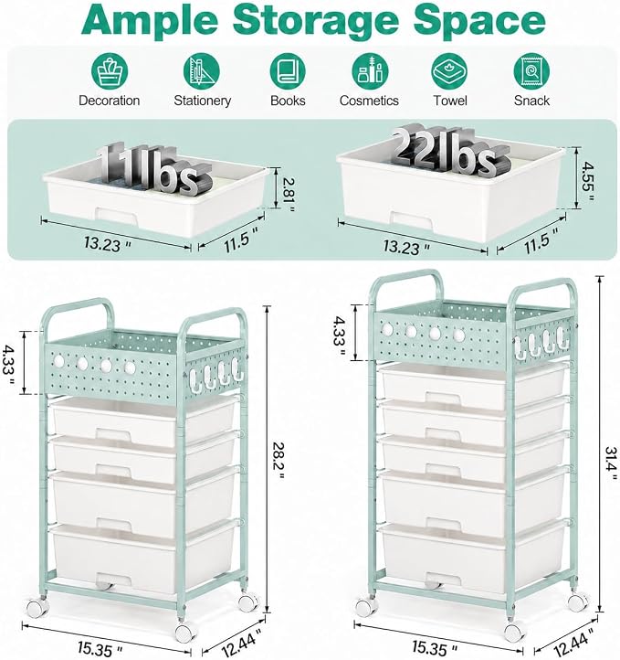 5 Drawer Rolling Storage Cart with Pegboard Top and Hooks, Green | Mobile Utility Organizer with Wheels for Office Supplies, Craft Storage, Classroom Organization, Home Storage Cart