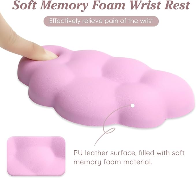 Cloud Wrist Rest Cushion for Mouse Ergonomic Soft PU Leather Memory Foam Wrist Pain Relief Mouse Wrist Support Pad with Anti-Skid Base for Office School Home Laptop & Computer Mouse (Pink)