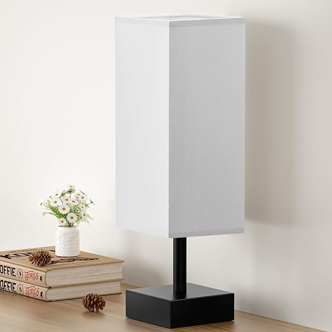 aooshine Small Bedside Table Lamp for Bedroom - Square Grey Fabric Shade | Inline Rocker Switch, Corded Electric, Bulb Not Included, 12.8" Mini Table Lamp for Nightstand, Desk, Dorm, Office