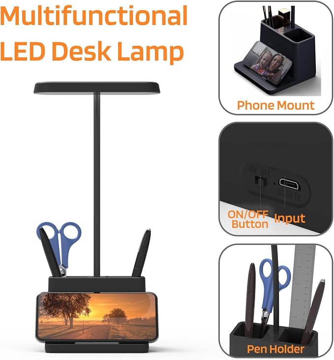 Black LED Desk Lamp, Battery Operated Small Table Light for Dorm Room | Rechargeable, Battery-Powered, Cute, Dimmable, Gooseneck, Pen Holder, Touch Control, for Home Office Bedroom Desktop