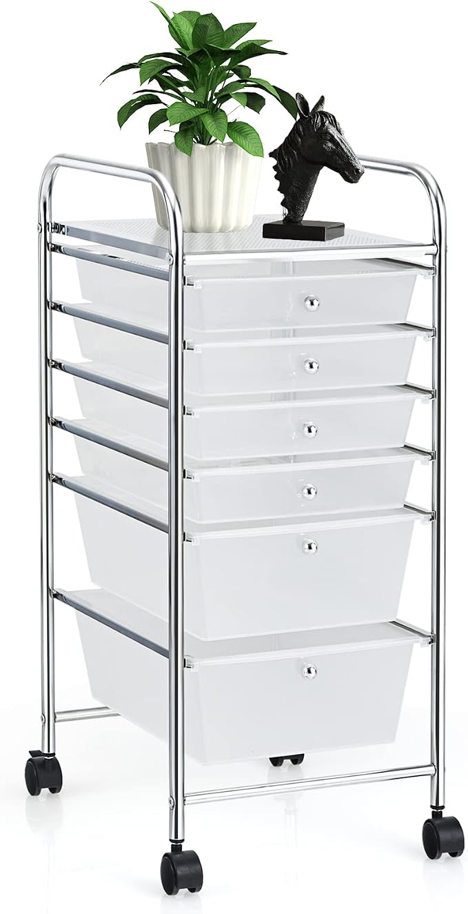 COSTWAY 6-Drawer Rolling Storage Cart, Art Craft Tools Organizer on Wheels | Multifunctional Heavy Duty Utility Mobile Storage Trolley w/ 2 Lockable Wheels for Home Office School (Clear)