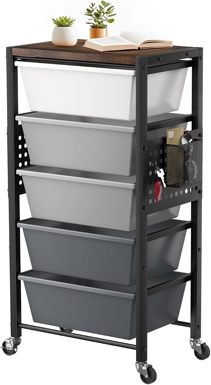 Rolling Cart with 5 Drawers, Plastic Drawer Storage Carts with Wheels & Wooden Tabletop, Metal Utility Cart with Pegboards, Office Living Room Classroom Craft Organization and Storage, Dark Grey