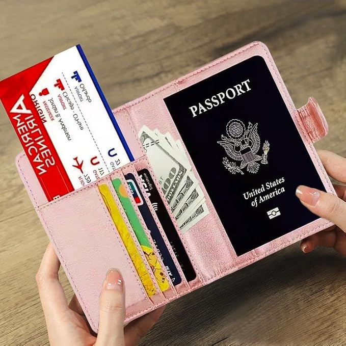 RFID Blocking Passport Holder - PU Leather Travel Wallet for Men Women, Credit Card Slots & Passport Case, Slim Lightweight Organizer for International Travel, (pink)