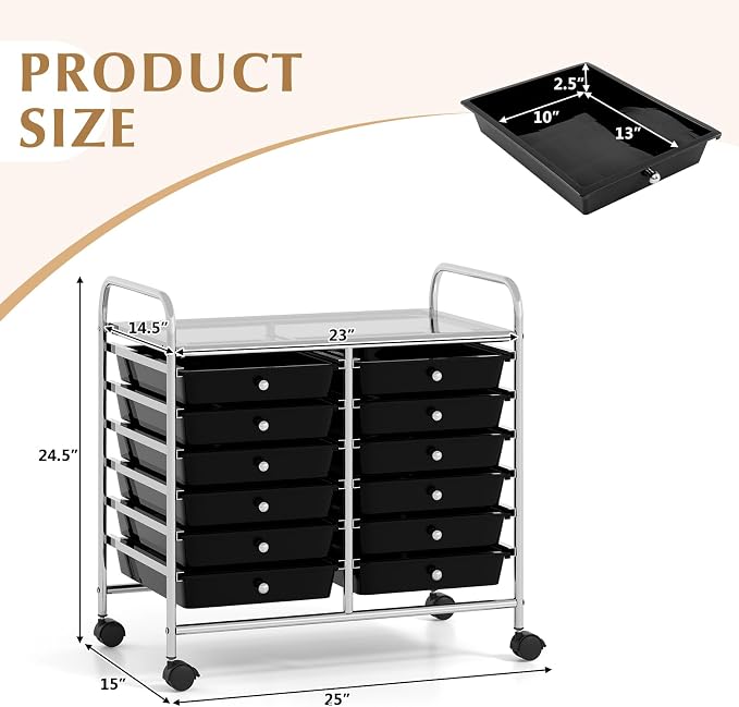 COSTWAY 12-Drawer Rolling Storage Cart, Utility Storage Organizer Cart | For Tools, Scrapbook, Paper, Craft, Multipurpose Art Supply Organizer on Wheels for Home Office School, Teacher, Black