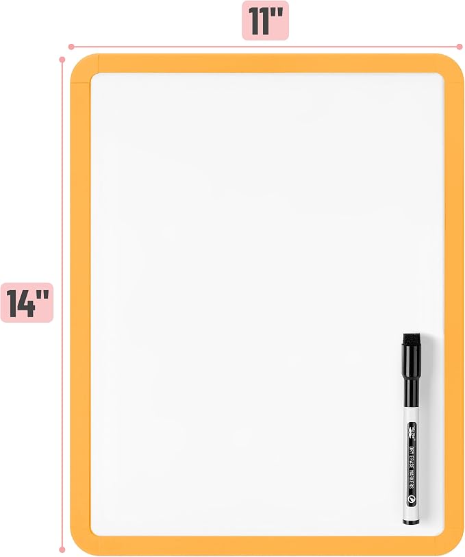 Mr. Pen- Dry Erase Board, 14” x 11” with a Black Dry Erase Marker | Orange Frame, Small Mini White Board for Students, Fridge, Wall, Locker, Includes Double Sided Tapes