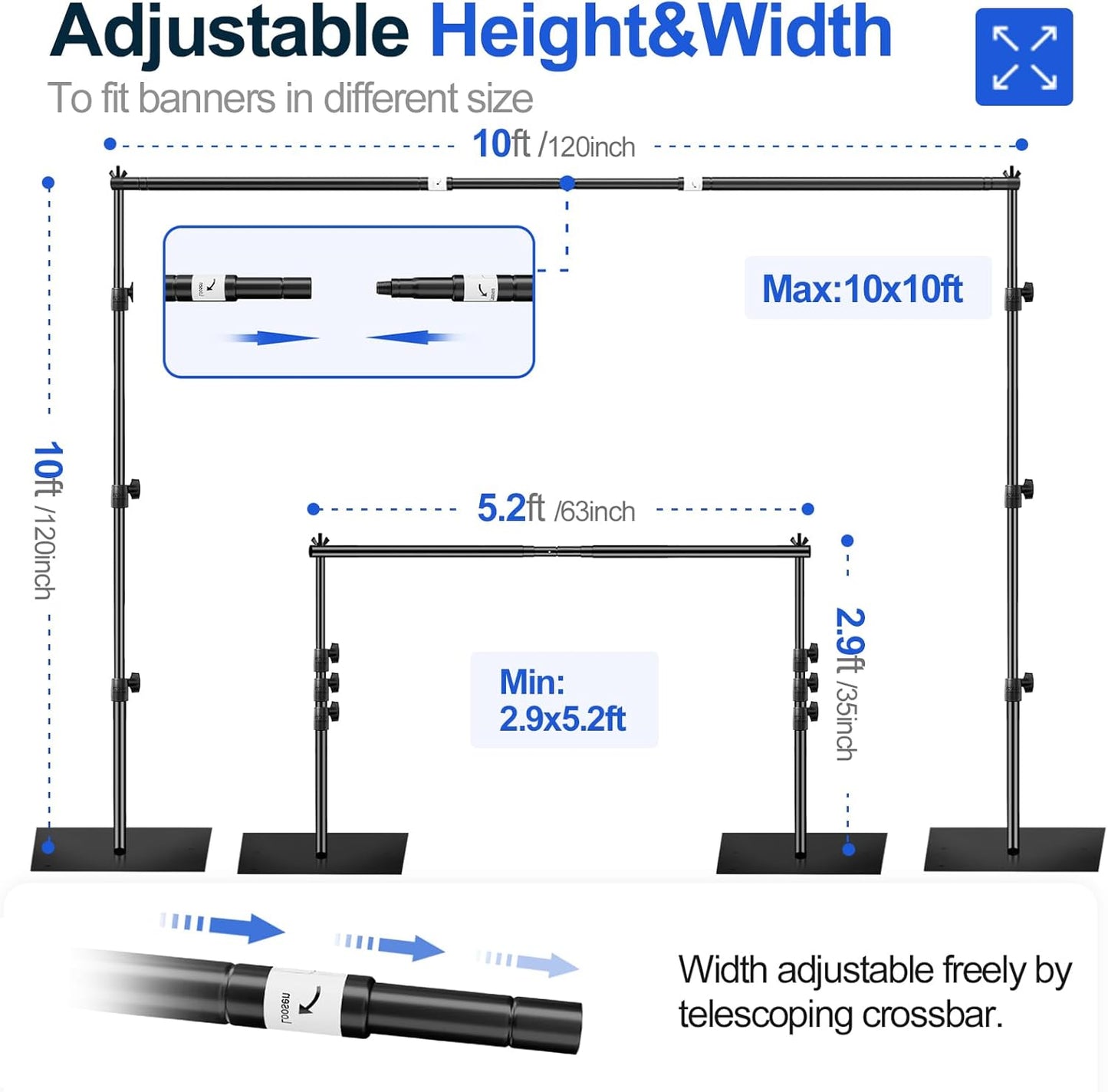 EMART Backdrop Stand, 10x10ft Width Adjustable Photography Background Support Poles with Heavy Duty Flat Base, Photo Metal Steel Pipe and Drape Frame Kit for Parties Birthday Wedding - Black