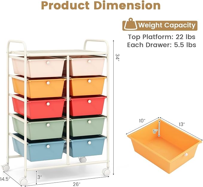 10 Drawer Rolling Cart, Storage Cart Organizer on Wheels, Drawer Cart with Metal Frame & Large Storage Capacity, Rolling Cart with Drawers for Living Room Classroom, Office