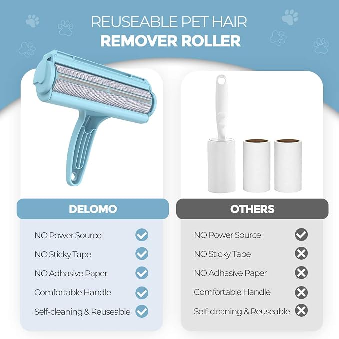 DELOMO Pet Hair Remover Roller, Reusable Lint Roller for Dog and Cat Hair | Portable Pet Hair Roller with Large Fur Bin, Fast Cleaning for Couches, Bedding, Rugs, Car Seats and Furniture, No Batteries