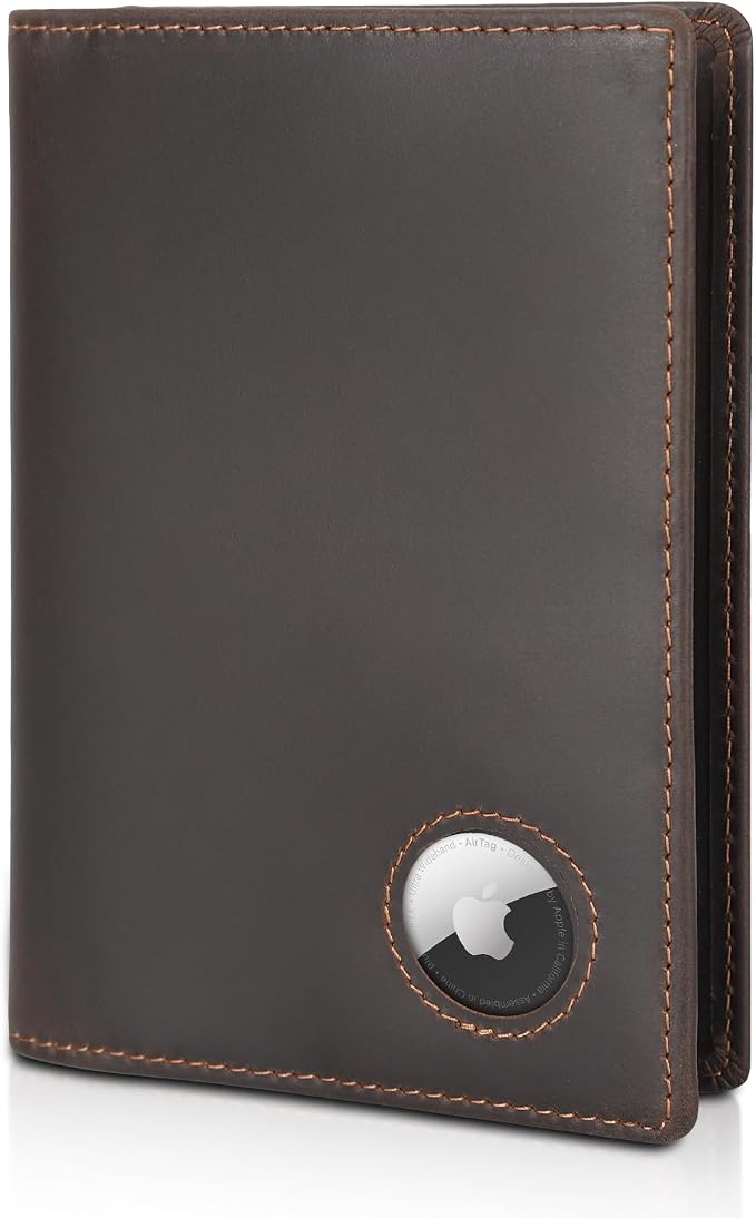 Polare Slim RFID Blocking Leather Passport Holder Travel Bifold Wallet For Men (Dark Brown with AirTag Holder)