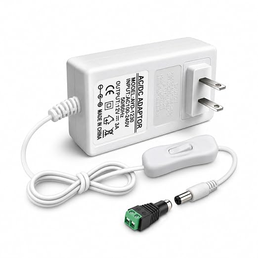 12V 3A Power Supply, 36W 12 Volt DC Power Adapter with On/Off Switch, 110V AC to 12V Wall Plug Transformer for LED Strip Lights with 5.5/2.1mm DC Female Connector, White