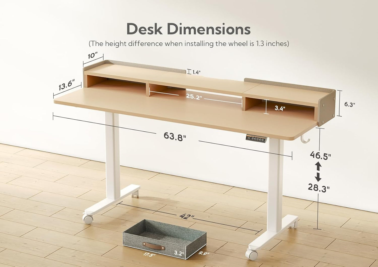 YDN Standing Desk with Drawers, 63 Inch Standing Desk Adjustable Height, Adjustable Electric Stand Up with Storage and Shelf, Natural